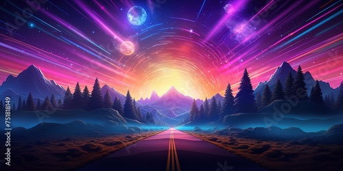Vibrant digital landscape featuring a neon-lit road under a tremendous full moon and surreal sky © Svitlana