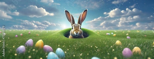 A whimsical rabbit peeks from a burrow amidst a field of Easter eggs. Hidden amongst green grass the creature appears as a gentle sentinel of spring's delight. photo
