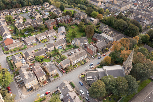 Obraz na płótnie Aerial photo of the town of Heckmondwike Wakefield in the UK, showing a typical British housing estate with a parking sign on the road that says permit holders only. w salonie