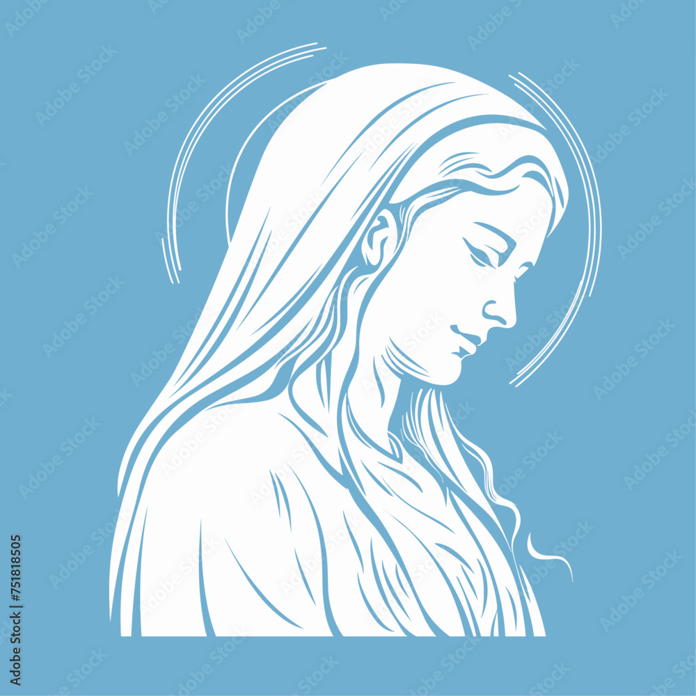 Vector illustration of The Mary Our Lady Virgin Mary Mother of Jesus, Holy Mary, madonna, white on blue background, printable, suitable for logo, sign, tattoo, laser cutting, sticker Vector illustration of The Mary Our Lady Virgin Mary Mother of Jesus, Holy Mary, madonna, white on blue background, printable, suitable for logo, sign, tattoo, laser cutting, sticker