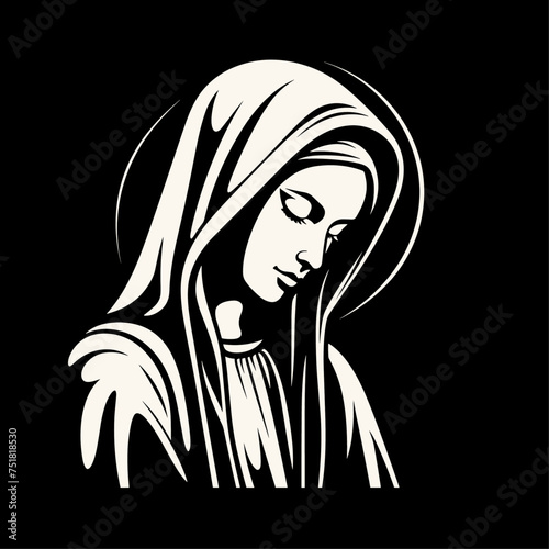 Vector illustration of The Mary Our Lady Virgin Mary Mother of Jesus, Holy Mary, madonna, white on black background, printable, suitable for logo, sign, tattoo, laser cutting, sticker