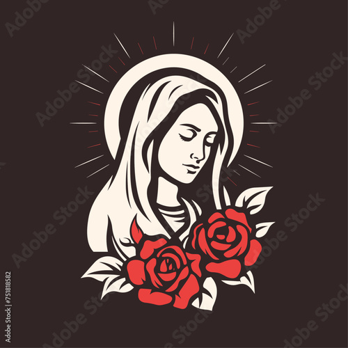 Vector illustration of The Mary Our Lady Virgin Mary Mother of Jesus, Holy Mary, madonna, with roses on dark background, printable, suitable for logo, sign, tattoo, laser cutting, sticker