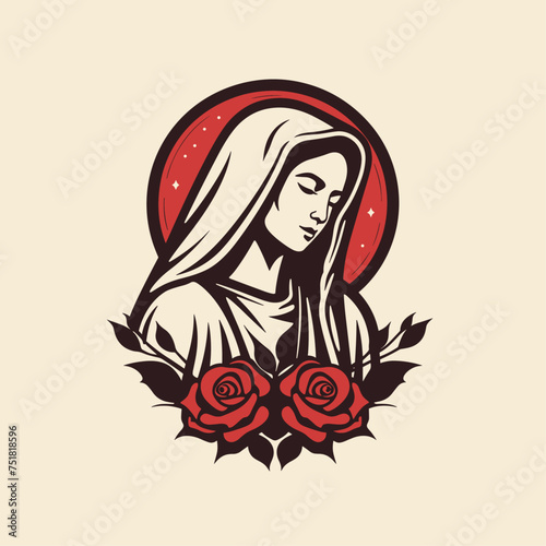 Vector illustration of The Mary Our Lady Virgin Mary Mother of Jesus, Holy Mary, madonna, with roses on beige background, printable, suitable for logo, sign, tattoo, laser cutting, sticker