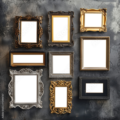wall full of isolated framed photos. grunge wall. mockup. template