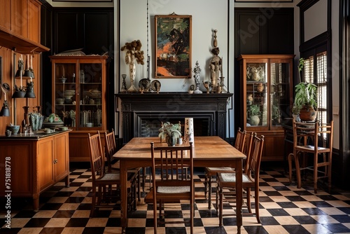 Wooden and Clay Decor Items in Art Deco Classic Dining Room with Checkerboard Floors