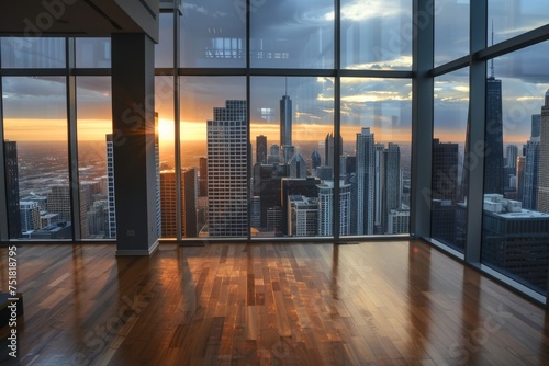 Empty, open interior space provides a dramatic sunset view over an urban skyline, showcasing both beauty and potential