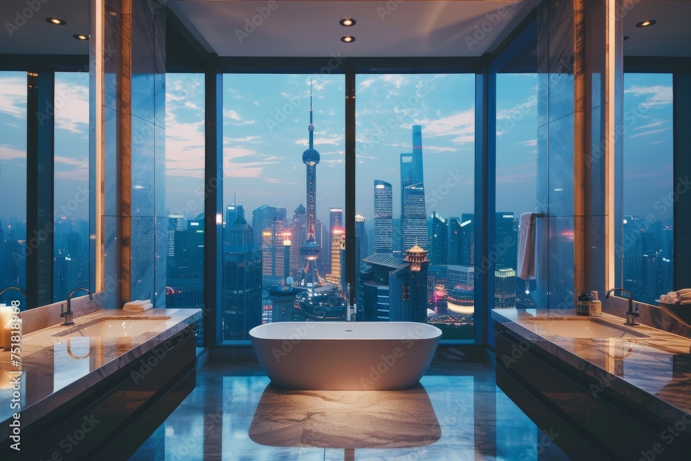 Contemporary bathroom featuring a freestanding white bathtub with a night view of a dazzling cityscape