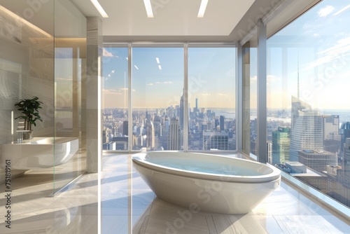 A sunlit  modern bathroom interior with floor-to-ceiling windows offering a breathtaking city view