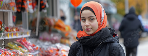 A young girl wearing an orange hijab, smiling gently at a street market with candy stalls in the background.