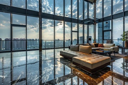 A chic lounge area featuring luxurious furnishings overlooking an expansive urban landscape through towering glass windows, showcasing daytime city life
