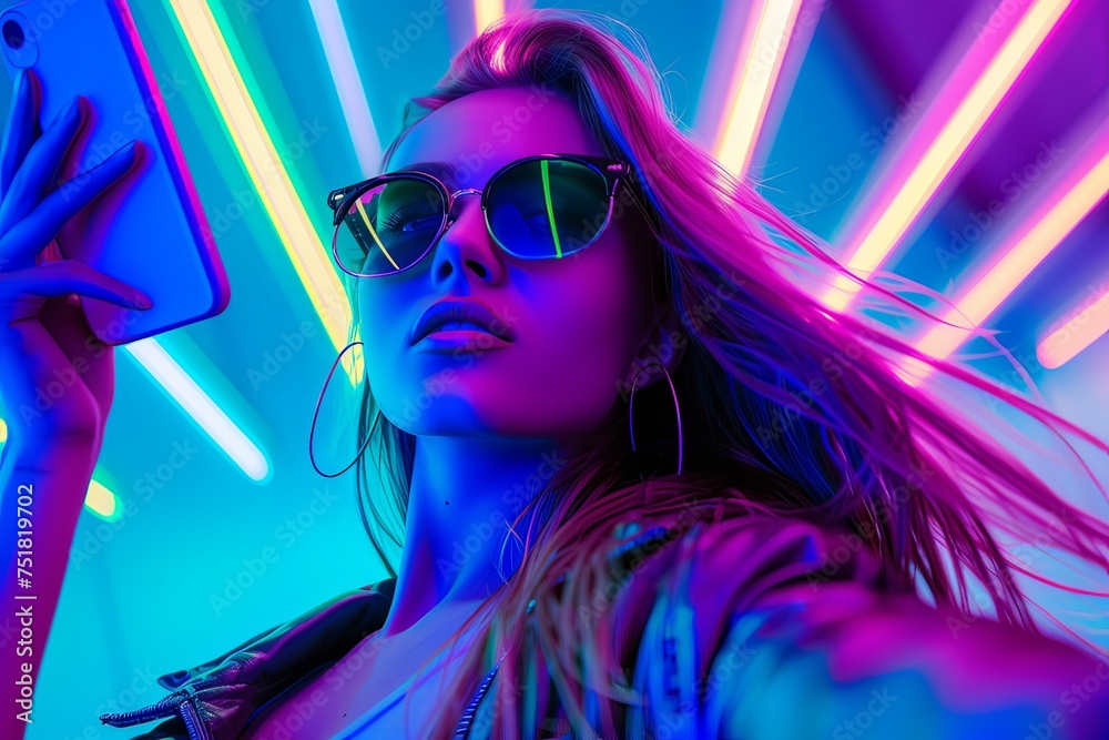 A woman is posing for a photo with a cell phone in front of neon lights A woman is posing for a photo with a cell phone in front of neon lights