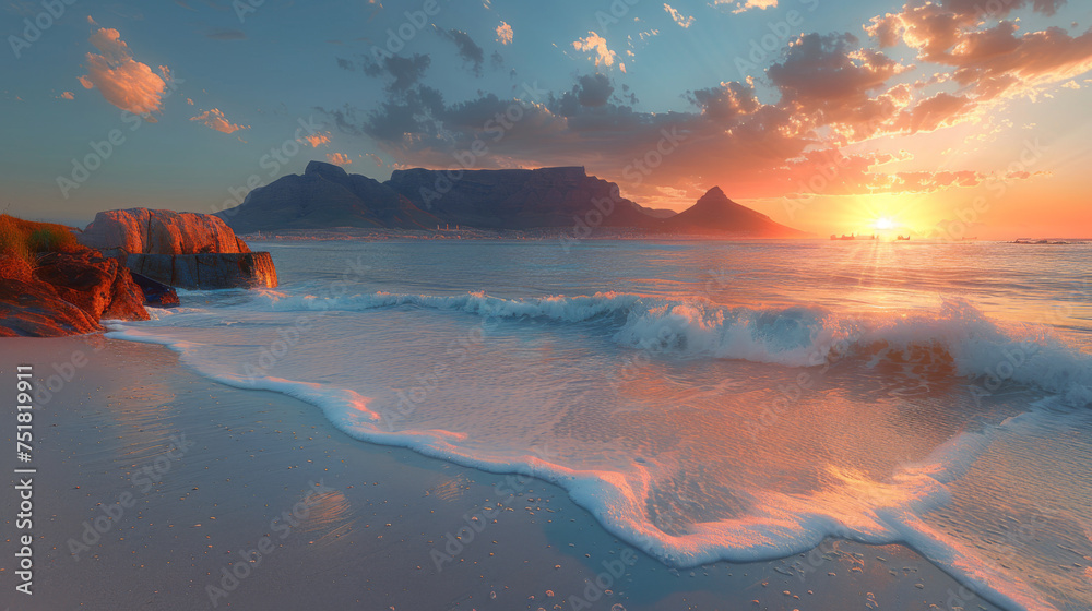 Sunset panorama HDR of a beach near cape town, south africa. Table mountain can be seen in the distance. Very large file perfect for backgrounds or billboards. - obrazy, fototapety, plakaty 