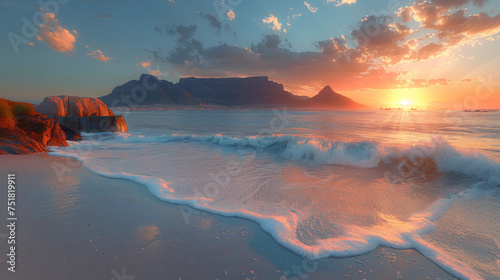 Sunset panorama HDR of a beach near cape town, south africa. Table mountain can be seen in the distance. Very large file perfect for backgrounds or billboards.