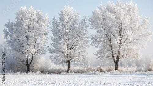 Frost covered trees in a winter wonderland background © furyon