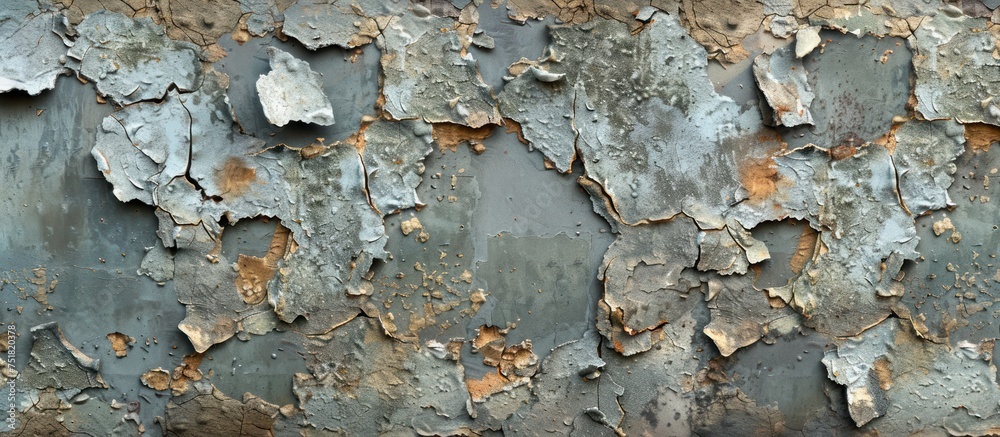 A detailed view of a weathered wall showing cracks and peeling paint, revealing layers of history and wear.