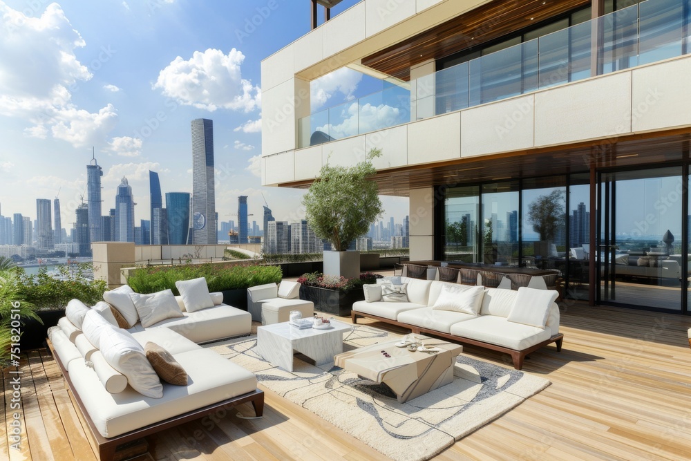 An upscale rooftop patio setup with cushioned white sofas facing a breathtaking city skyline