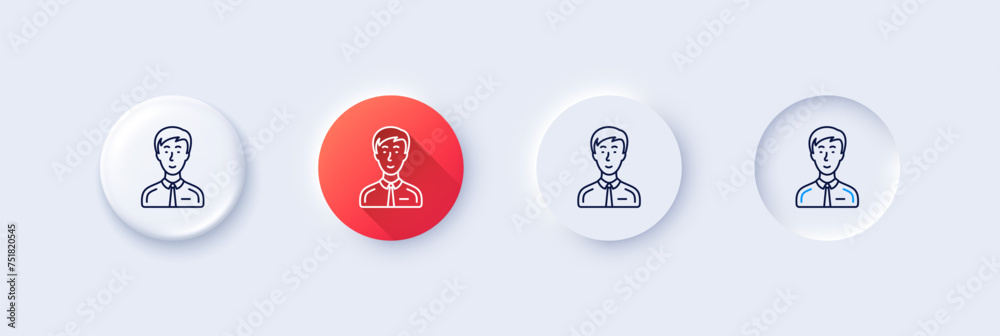 Man line icon. Neumorphic, Red gradient, 3d pin buttons. User or businessman person sign. Male silhouette symbol. Line icons. Neumorphic buttons with outline signs. Vector Man line icon. Neumorphic, Red gradient, 3d pin buttons. User or businessman person sign. Male silhouette symbol. Line icons. Neumorphic buttons with outline signs. Vector