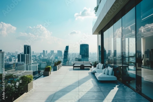 A spacious balcony with a serene setting overlooking a cityscape provides perfect spots for relaxation