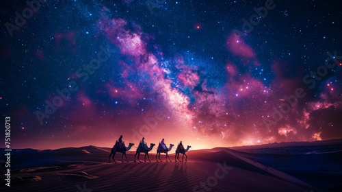 Starry desert night with caravan of camels photo