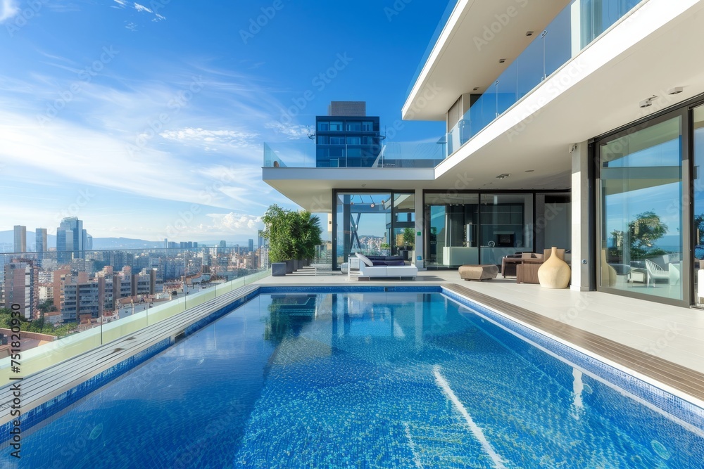 Featuring a vast rooftop pool and panoramic urban view, this spacious setting symbolizes luxury living at its best
