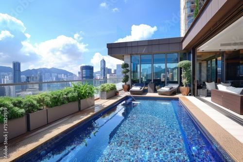 This luxurious poolside area boasts panoramic city views  plush seating areas  and beautiful plant decorations enhancing the space