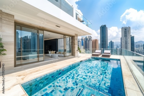 The sleek design of the modern outdoor pool complements the urban buildings in the backdrop, creating the perfect blend of luxury and city life