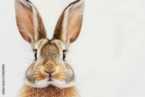 A close-up photo of a rabbit with big ears and a cute expression on a white background.