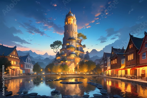  PRGゲーム背景風古代文明神殿塔遺跡魔法都市