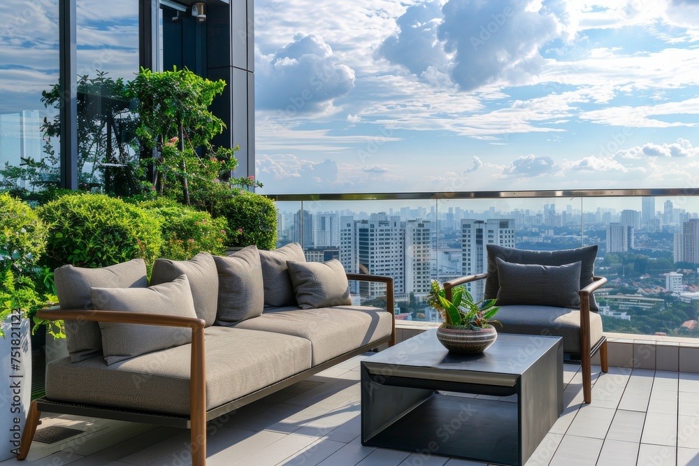 A chic balcony space outfitted with comfortable seating and lush greenery, offering a breathtaking urban skyline view