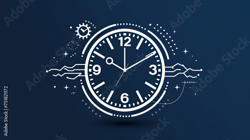 clock and time white logo , isolated on navy blue background showing universe is a vast clockwork mechanism, with time as its intricate gears 