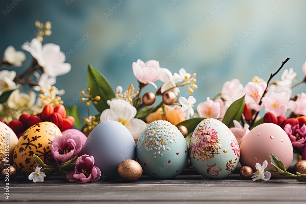 A festive Easter banner with a row of colorful eggs and spring flowers using a panoramic aspect ratio and natural light. A festive Easter banner with a row of colorful eggs and spring flowers using a panoramic aspect ratio and natural light.