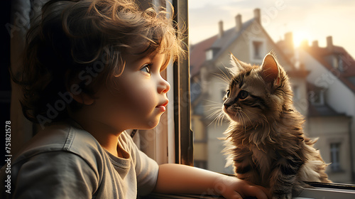 A small child sits on the window sill. The kitten walks along the window. Walking on the windowsill.