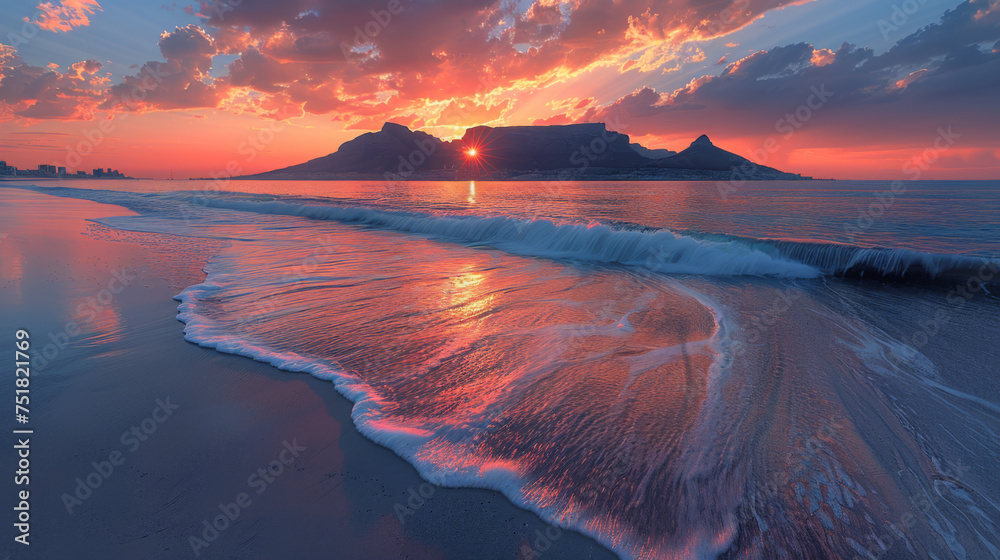 Fototapeta premium Sunset panorama HDR of a beach near cape town, south africa. Table mountain can be seen in the distance. Very large file perfect for backgrounds or billboards.