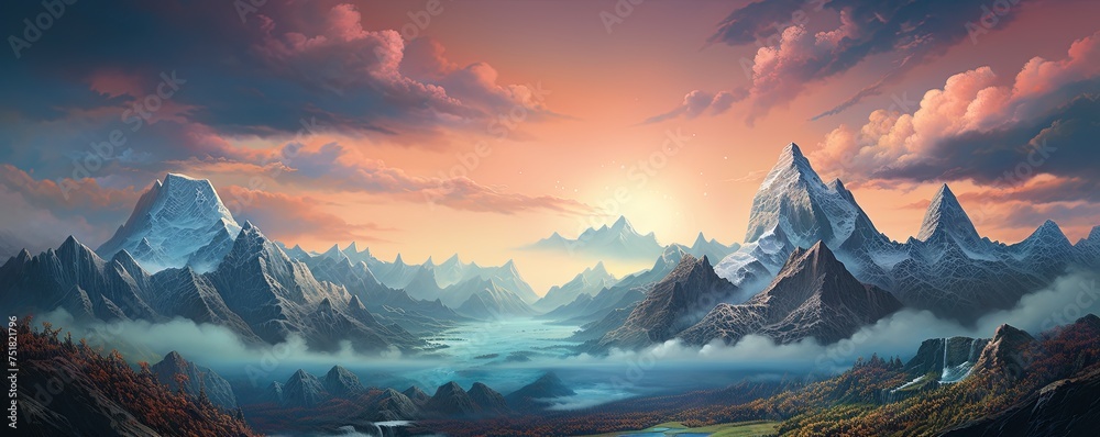 The majestic mountains stood tall against the vibrant sky, as the distant planet beckoned with its unknown allure, a landscape that evoked a sense of wonder and adventure - obrazy, fototapety, plakaty 