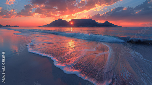 Sunset panorama HDR of a beach near cape town, south africa. Table mountain can be seen in the distance. Very large file perfect for backgrounds or billboards. photo
