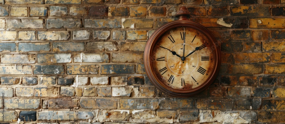 A clock is securely attached to a brown brick wall on the side of a building, displaying the current time accurately.