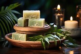 Eco friendly, bath composition with organic, vegan soap. Bars of natural soap or dry shampoo on a wooden stand with palm leaves on a blue background with copy space.