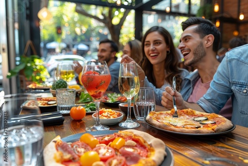 Group of friends having a lively time at an outdoor restaurant with food and drinks
