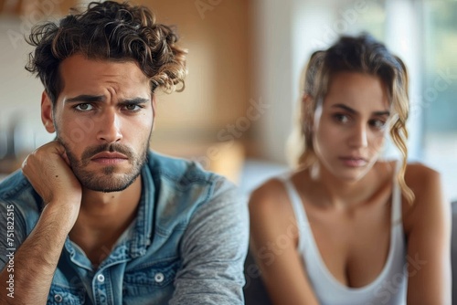 A couple looks dissatisfied during a serious conversation, depicting emotional stress and relationship troubles photo