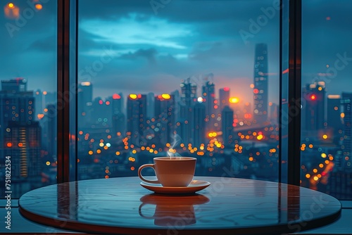 Table with a cup of coffee near panoramic window with night city view © Александр Михайлюк