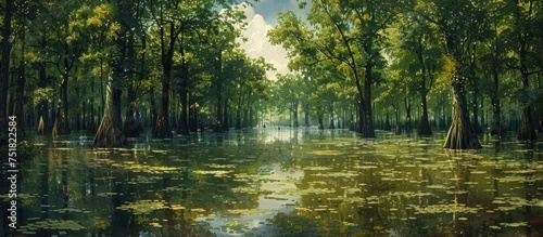 A painting showing a marshy area with tall trees and water.