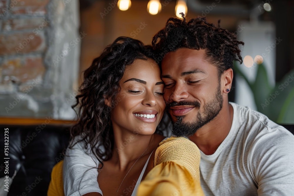 Fototapeta premium A young and affectionate couple share a tender moment, their expressions showing contentment and love against a homely backdrop