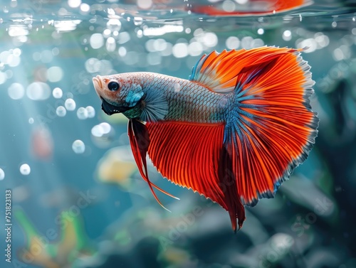 Silver and orange colored male siamese fighting fish under the water. Ornamental fish.