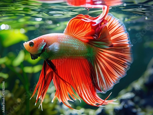 Silver and orange colored male siamese fighting fish under the water. Ornamental fish. photo