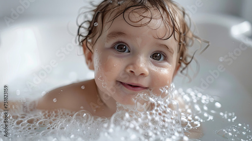 happy baby taking bath in bath tub with bubbles ,  a little happy baby in the bathroom with foam