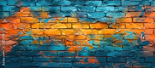 A brick wall featuring a painted flag design in vibrant orange and blue colors.