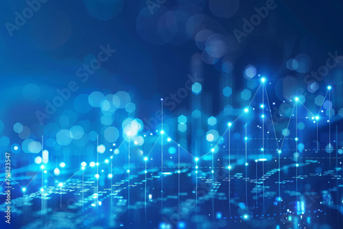 Hellblaue, durch Linien verbundene Punkte vor blauem Hintergrund mit Gitternetz, Pfeil und Tropfen – abstrakte Darstellung von Kursverläufen, Technologie und Natur