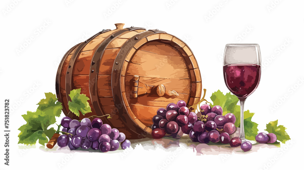 Wine wooden barrel cup and grapes isolated on white