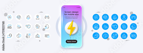 Skin care, Water drop and Social distancing line icons. Phone mockup with 3d energy icon. Pack of Cardio training, Shield, Apartment insurance icon. Vector