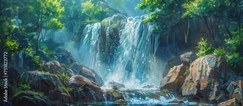 A detailed painting showcasing a powerful waterfall cascading down rocky cliffs amidst a lush green forest.